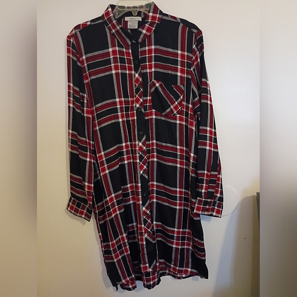 BLL NYC PLAID WOMEN SHIRT DRESS SZ L 100% RAYON‎